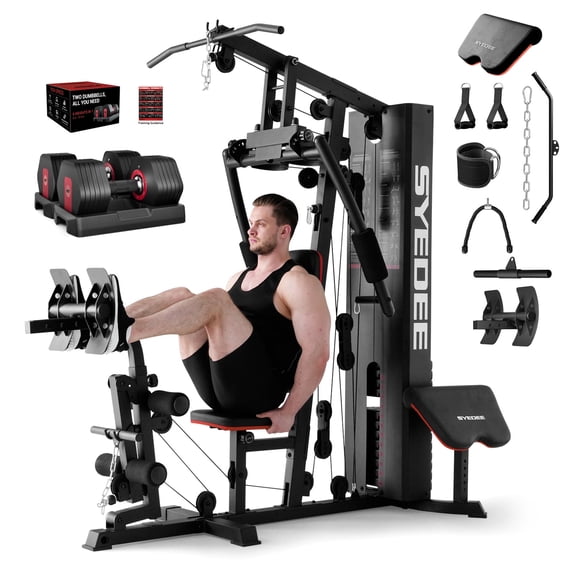 Syedee All-in-One Home Gym System with Folding Chest Press  90+ Exercises in One Space-Saving Machine 53LB(26.5LB*2) Adjustable Dumbbells