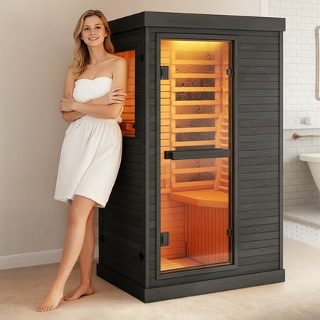 Syedee Far Infrared Home Sauna Canadian Hemlock Wood Construction 800W Low-EMF Indoor Sauna 110V with Control Panel Tempered Glass Door