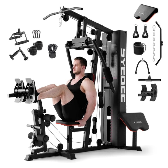 Syedee Home Gym Station, Workout Station with 150LBS Weight Stack, Home Gym Equipment for All Body Training with  Handle Set