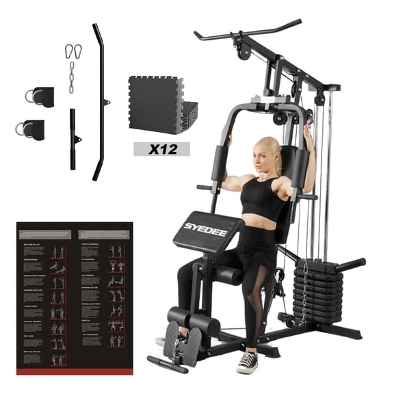Syedee Home Gym Station, Workout Station with 105LBS Weight Stack, Home Gym Equipment W/ Handle Set