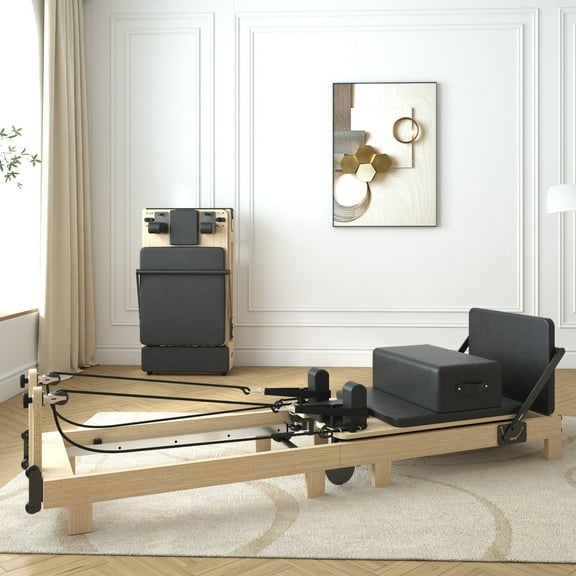 Syedee Pilates Reformer Machine, Wood Pilates Machine Bed Yoga Exercise Strength Training Equipment for Home Workout