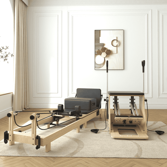 Syedee Pilates Reformer Machine, Wood Pilates Machine Bed Yoga Exercise Strength Training Equipment with Pilates Chair for Home Workout