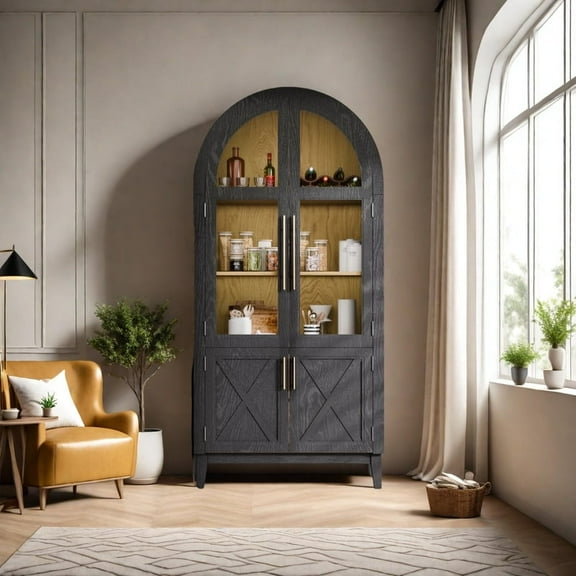 TOPCOMFY 74.3"Arched Cabinet with Glass Doors, Kitchen Storage Cabinet with Door, 5-Tier Arched Bookcase with Adjustable Shelves - Black & Oak