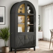 TOPCOMFY 74.3"Arched Cabinet with Glass Doors, Kitchen Storage Cabinet with Door, 5-Tier Arched Bookcase with Adjustable Shelves - Black & Oak