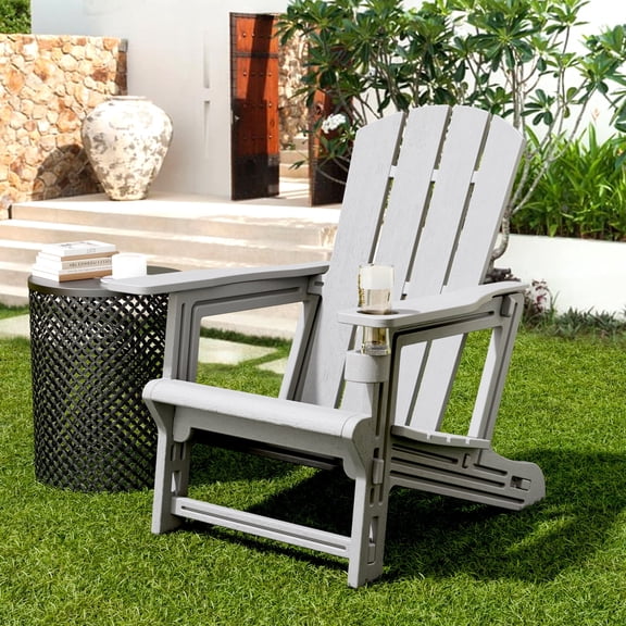 Syemin Portable Adirondack Chair Plastic Patio Chair with Cup Holder, 400 LBS Capacity - Gray
