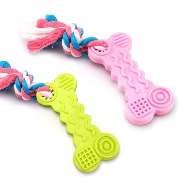 Syenll 2 Pack Dog Chew Toys, Rubber Puppy Teething Toys with Rope, Interactive Treat Set for Small Dogs Pets, Pink+Green