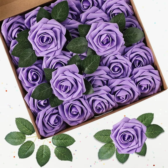 Syenll 25 Pcs Artificial Rose Flowers, Foam Fake Flowers for Christmas Wedding Party DIY Bouquets, Baby Shower, Home Decoration (Purple)