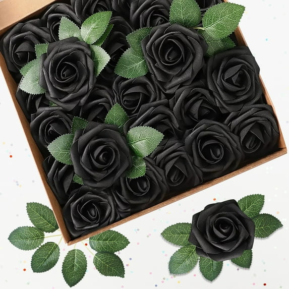 Syenll 25 Pcs Artificial Rose Flowers, Foam Fake Flowers for Christmas Wedding Party DIY Bouquets, Baby Shower, Home Decoration (Black)