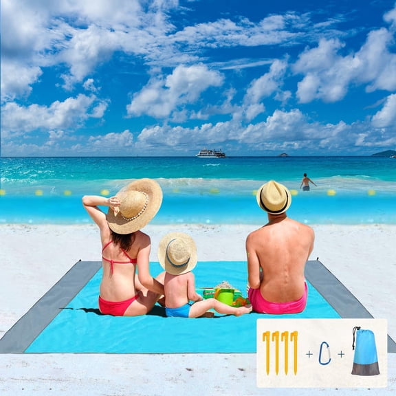 Syenll Beach Blanket, 83" x 78" Sandproof Beach Mat for 4-7 Adults, Lightweight Picnic Blanket for Travel, Camping, Blue