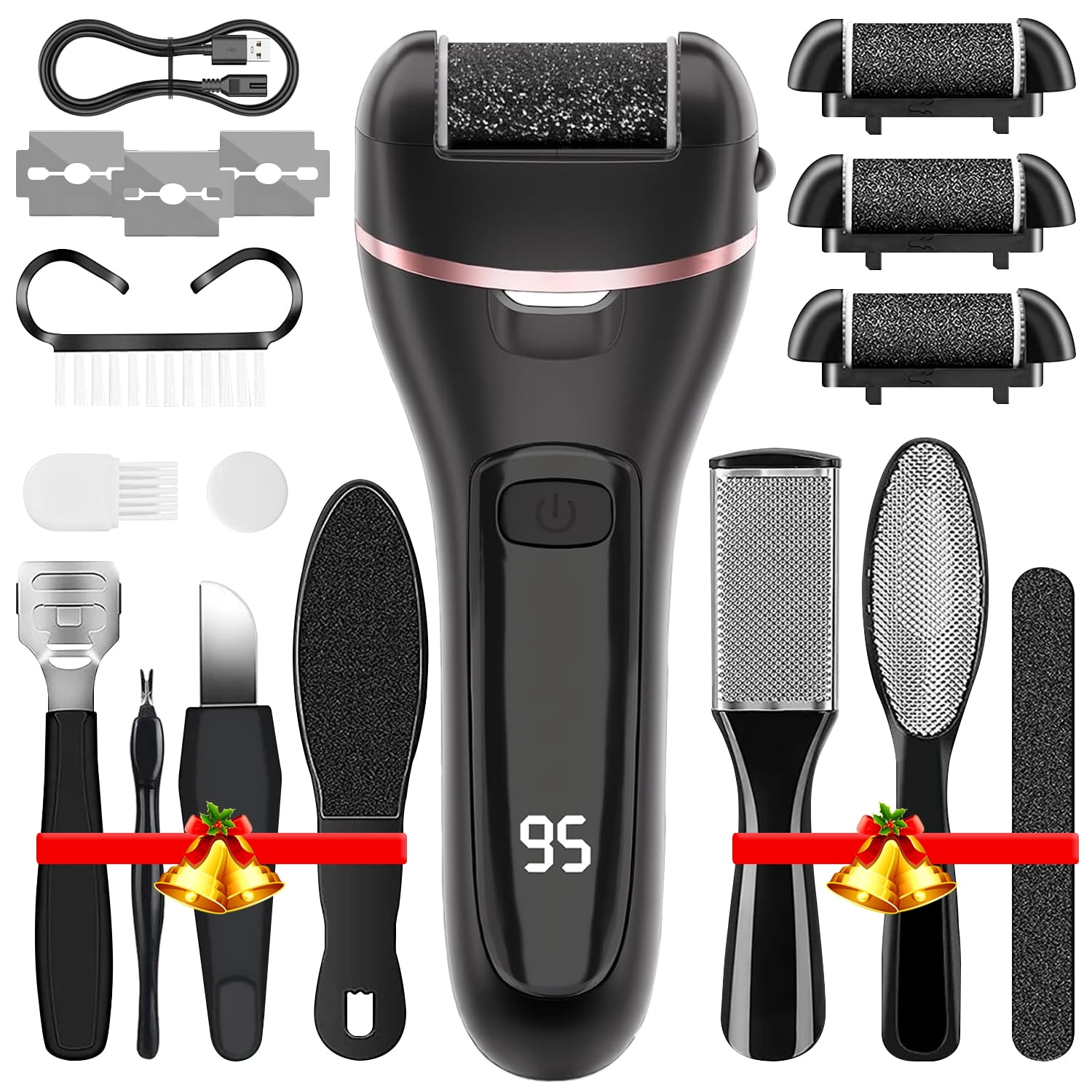 Syenll Electric Callus Remover for Feet, Rechargeable Foot File Pedicure Tools, 18 in 1 Callous Remover Kit with 3 Rollers and 2 Speed, Battery Display, Black