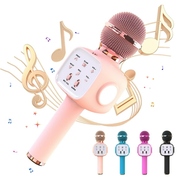 Syenll Karaoke Microphone, 6-in-1 Wireless Microphone for Kids, Mic Speaker Birthday Gifts Toys for Girls Boys (Gold)