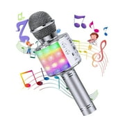 Syenll Kids Microphone, Portable Wireless Bluetooth Microphone with LED Lights, Children Singing Toys Christmas Gifts for Kids and Adults, Silver
