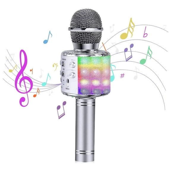 Syenll Kids Microphone, Wireless Microphone with LED Lights, Microphone Singing Toys Gifts for Kids and Adults, Silver