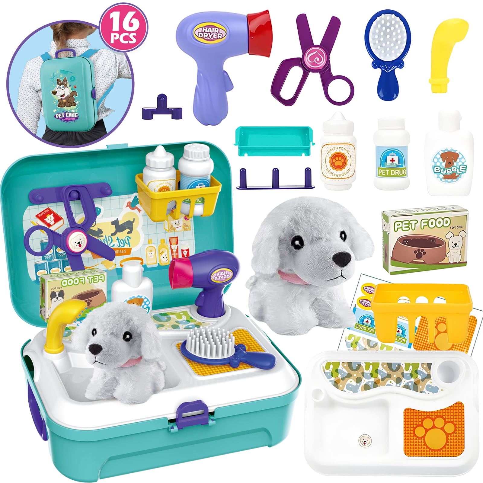 Syenll Pet Care Play Set for Kids, 16 Pcs Pretend Doctor Kit with Backpack, Dog Grooming Kit Educational Toy for Girls Boys