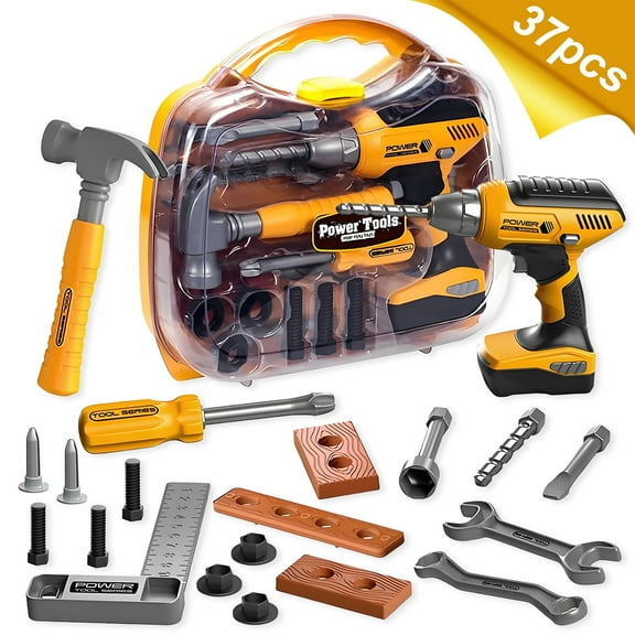 Syenll Pretend Play Kids Construction Tools, Toddler Tool Set with Portable Tool Box & Electronic Toy Drill, Toy Tools Birthday Gifts for 3+ Years Old Boys and Girls