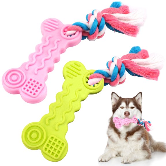 Syenll Puppy Chew Toys, 2 Pack Rubber Dog Teething Toys with Rope, Interactive Treat Set for Small Dogs Pets, Green+Pink