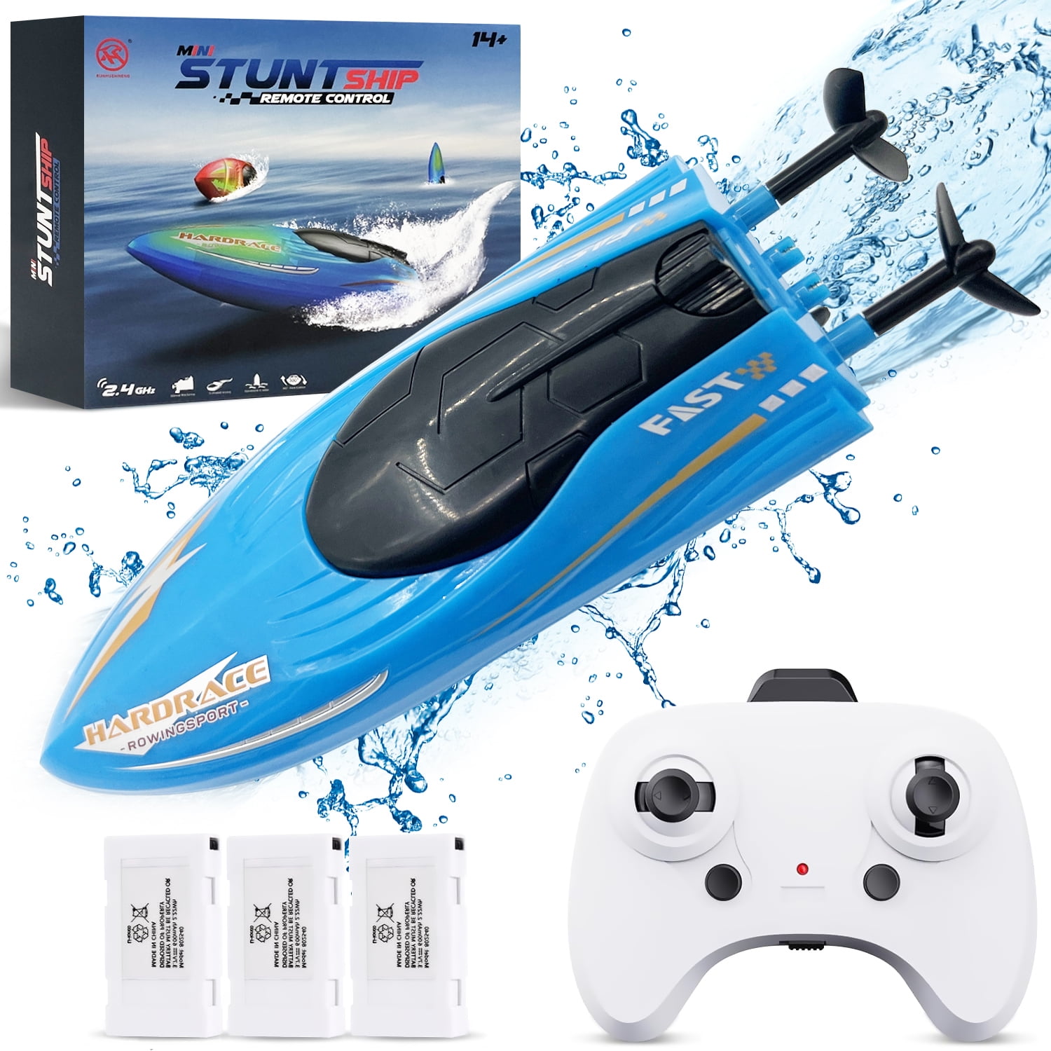 Syenll RC Boat with LED Light, Remote Control Boat for Pools, 3 Rechargeable Battery, Water Pool Toys for Boys Girls, Blue