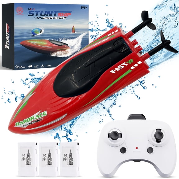 Syenll RC Boat with LED Light, Remote Control Boat for Pools, 3 Rechargeable Battery, Water Pool Toys for Boys Girls, Red