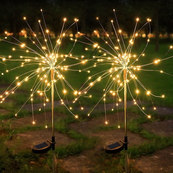 Syenll Solar Firework Lights, 2 Pack 120 LED Solar Garden Stake Lights for Outdoor Patio Lawn Decor (Warm White)