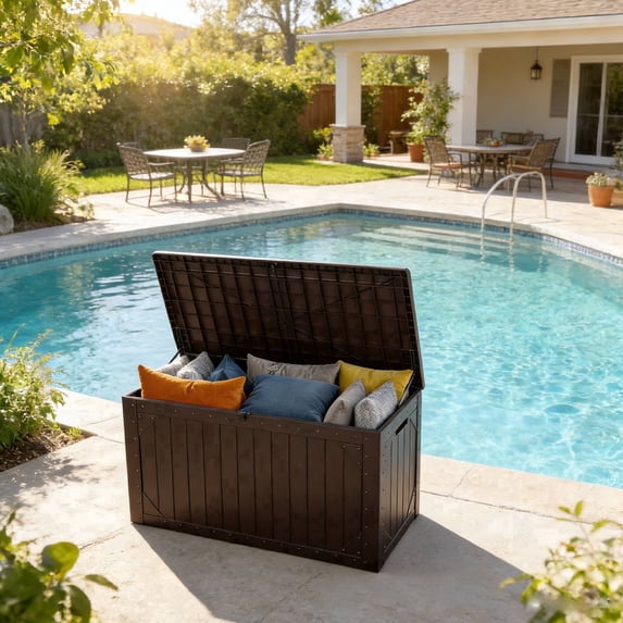 LOJIAWOWE 100-Gallon Lockable Resin Deck Box – Waterproof & UV-Protected Outdoor Storage for Cushions, Tools & Pool Gear, Dark Brown