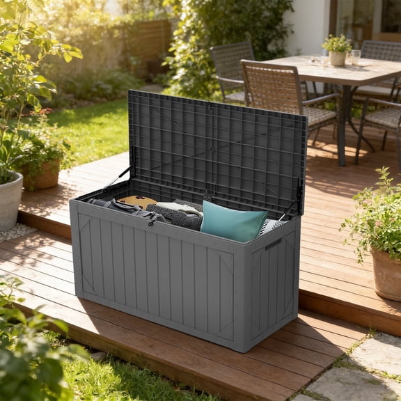 LOJIAWOWE 100-Gallon Lockable Resin Deck Box β Waterproof & UV-Protected Outdoor Storage for Cushions, Tools & Pool Gear, Gray