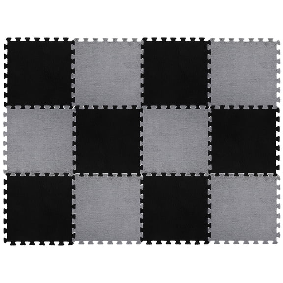 Syess 12-Piece Interlocking Foam Floor Mats, Soft Shaggy Plush Carpet Tiles for Home Gym, Playroom, Bedroom - Black & Gray