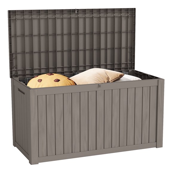 Syess 150 Gallon Resin Deck Box with Lockable Lid - Waterproof Outdoor Storage Box for Patio Furniture, Cushions & Garden Tools (Light Brown)