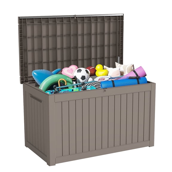 Syess 230 Gallon Outdoor Storage Box with Hydraulic Lid - UV Resistant Waterproof Deck Box, Lockable Design for Patio Cushions, Pool & Garden Tools (Light Brown)