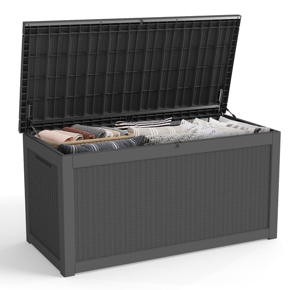 Syess 260 Gallon Resin Deck Box, Lockable Outdoor Storage with Hydraulic Lid - Waterproof Patio Storage Box for Furniture, Cushions & Garden Tools (Black)