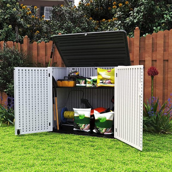 Syess 48 Cu. Ft. Horizontal Outdoor Storage Shed, Large Waterproof Garden Storage Box for Lawn Mower, Trash Cans, Garden Tools (Off-White)