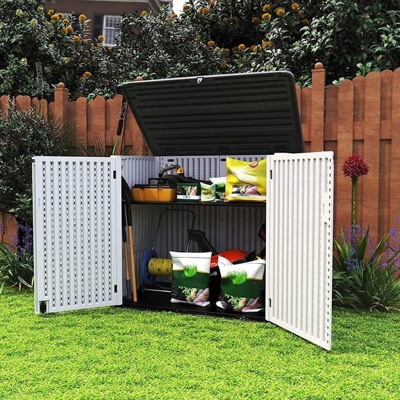 Syess 48 cu. ft. Horizontal Outdoor Storage Shed, Large Waterproof Garden Storage Box for Lawn Mower, Trash Cans, Garden Tools (White)