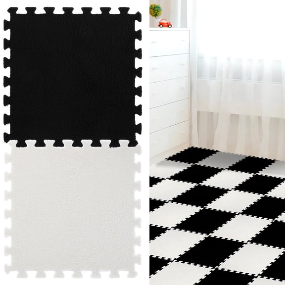 Syess | 48-Piece Interlocking Foam Mats, Shaggy Plush Carpet Tiles for Home Gym, Playroom, Bedroom Floor (Black & White)