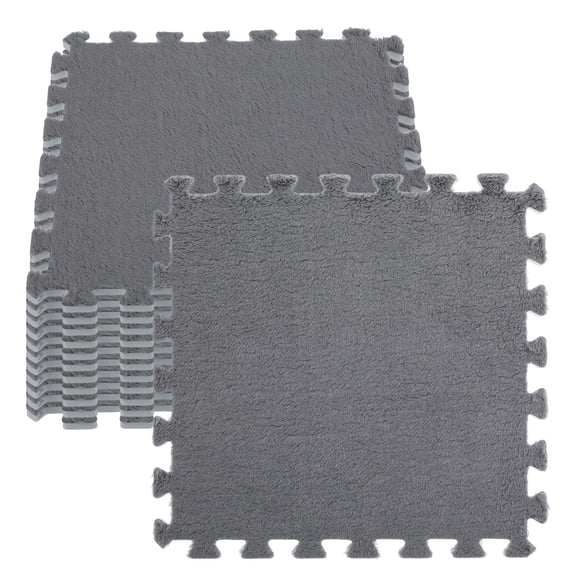 Syess 48-Piece Interlocking Foam Floor Mats, Soft Shaggy Plush Carpet Tiles for Home Gym, Playroom, Bedroom, Kids Area - Gray