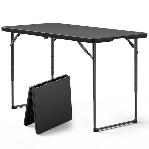 Syess 4FT Fold-in-Half Camping Table with Adjustable Height | Heavy Duty Portable HDPE Folding Table for Picnic, BBQ, Indoor & Outdoor Use (Black)