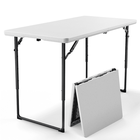 Syess 4FT Fold-in-Half Camping Table with Adjustable Height | Heavy Duty Portable HDPE Folding Table for Picnic, BBQ, Indoor & Outdoor Use (White)