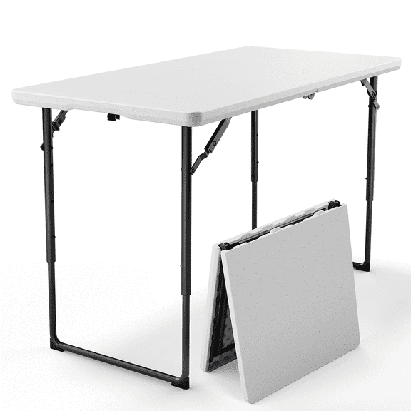 Syess 4FT Fold-in-Half Camping Table with Adjustable Height | Heavy Duty Portable HDPE Folding Table for Picnic, BBQ, Indoor & Outdoor Use (White)