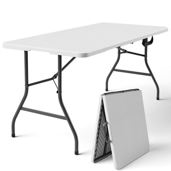 Syess 5FT Rectangle Folding Table with Carry Handle | Fold-in-Half Portable Plastic Table for Indoor Outdoor Camping, Party, BBQ (White)