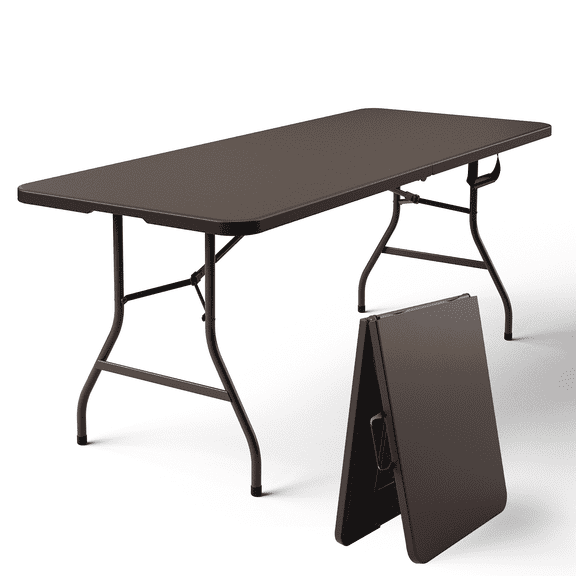 Syess 6FT Folding Table with Handle | Heavy Duty Portable Camping Table, Waterproof Picnic Table for Party, BBQ, Indoor & Outdoor (Brown)