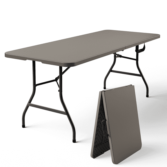 Syess 6FT Folding Table with Handle | Heavy Duty Portable Camping Table, Waterproof Picnic Table for Party, BBQ, Indoor & Outdoor (Khaki)