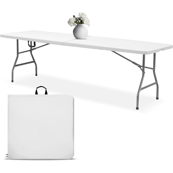 Syess 8FT Folding Table with Built-in Handle | Heavy Duty Portable Plastic Table for Party, Wedding, Picnic, Indoor Outdoor Use (White)