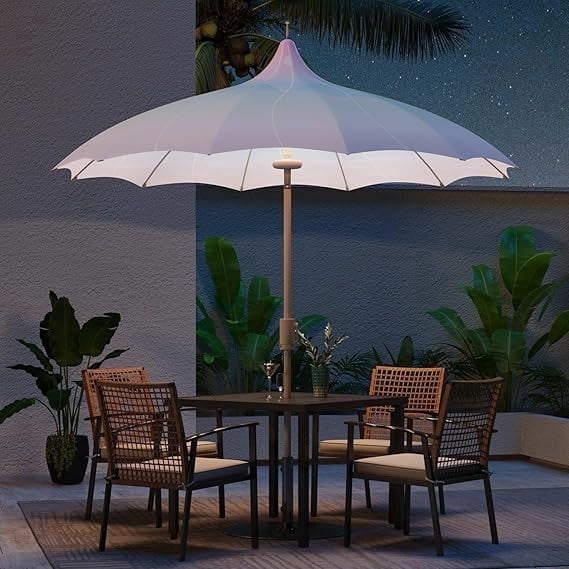 Syess 9FT Patio Umbrella with LED Lights & 360° Rotation | Petal Design Outdoor Market Umbrella with Push-Button Tilt for Deck, Poolside & Garden (Gradient Blue)