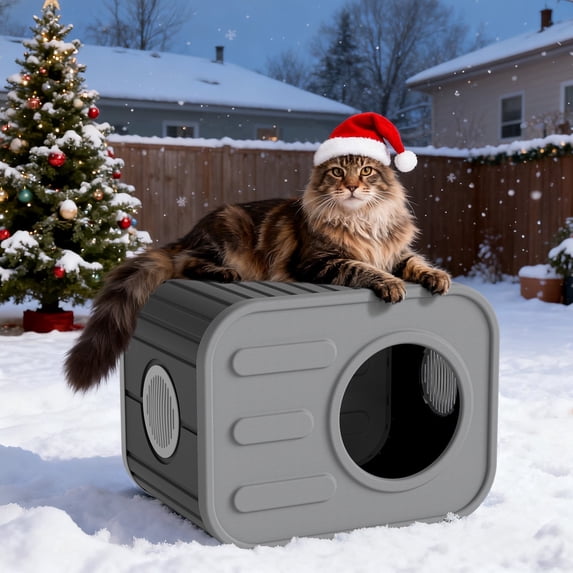 LOJIAWOWE Indoor-Outdoor Cat House with Cushion, Camera-Inspired Waterproof Resin Pet Shelter for Patio, Garden, Balcony (Black)