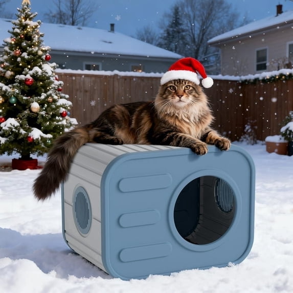 LOJIAWOWE Indoor-Outdoor Cat House with Cushion, Camera-Inspired Waterproof Resin Pet Shelter for Patio, Garden, Balcony (Blue)
