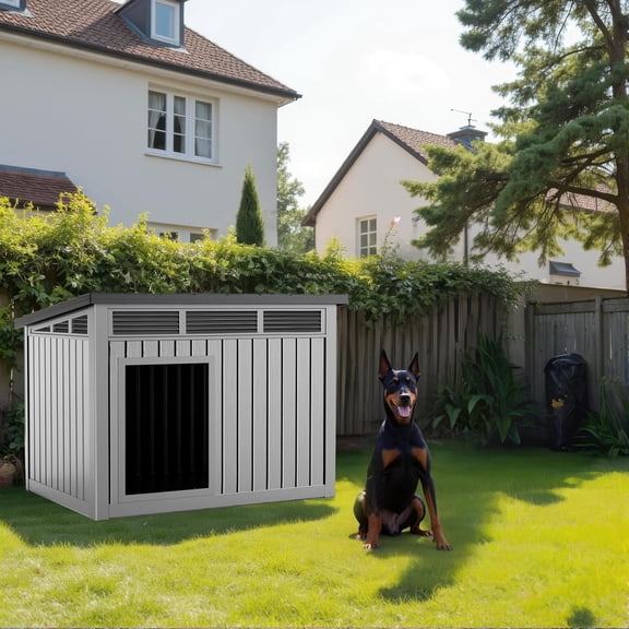 LOJIAWOWE Insulated Dog House for Large Dogs Outdoor, Weatherproof Resin Pet House with All-Weather Protection, Easy Assembly (Gray)