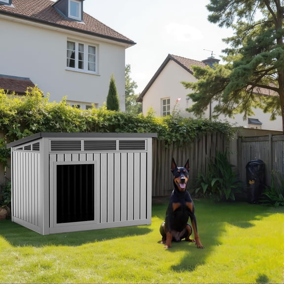 LOJIAWOWE Insulated Dog House for Large Dogs Outdoor, Weatherproof Resin Pet House with All-Weather Protection, Easy Assembly (Gray)