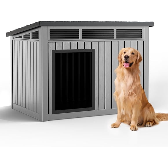Syess Insulated Dog House for Large Dogs Outdoor, Weatherproof Resin Pet House with All-Weather Protection, Easy Assembly (Gray)