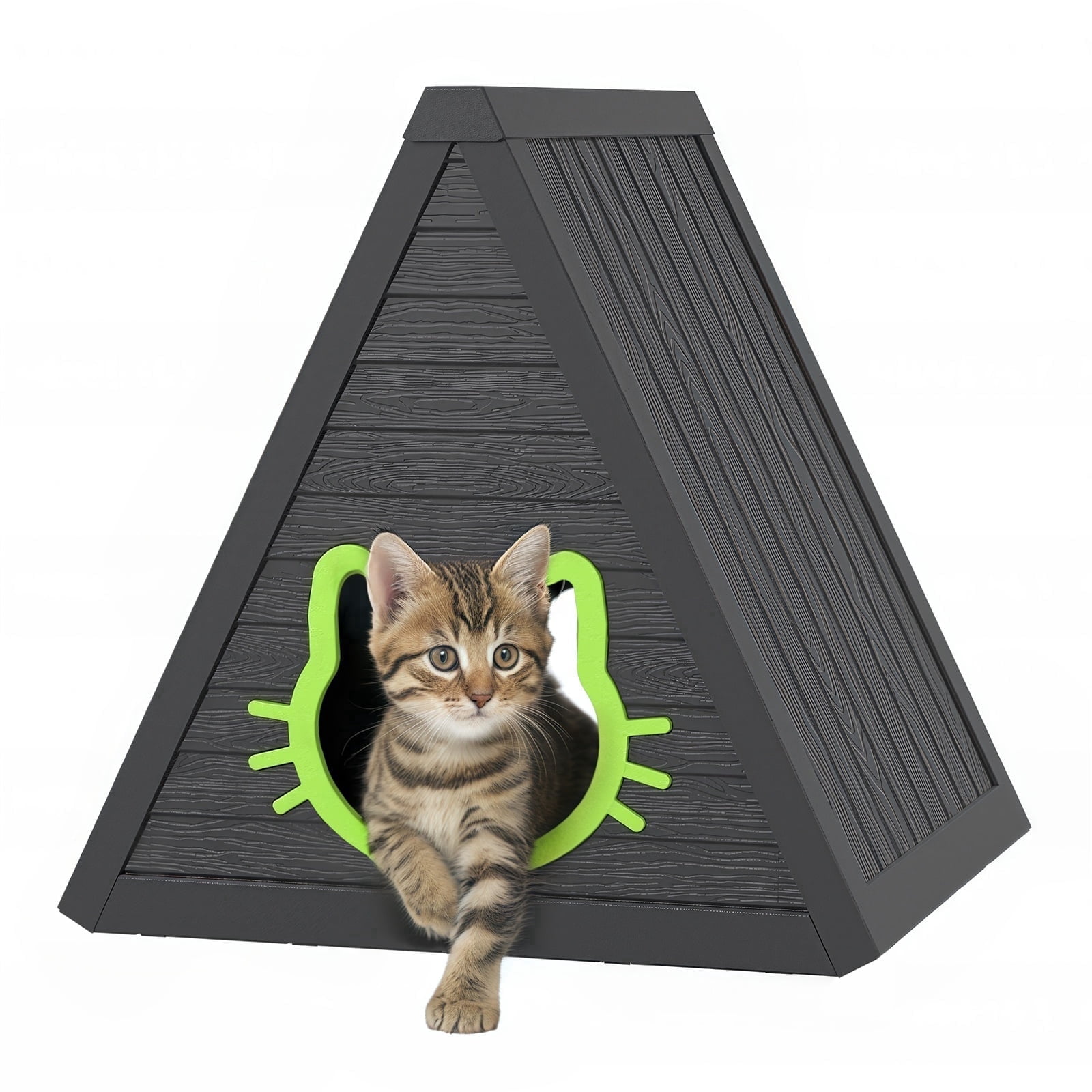LOJIAWOWE Outdoor Cat House for Weatherproof Shelter, Triangle Resin Cat Enclosure with Moisture & Odor Resistance for Feral Cats (Black)