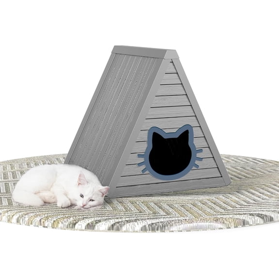 Syess Outdoor Cat House for Weatherproof Shelter, Triangle Resin Cat Enclosure with Moisture & Odor Resistance for Feral Cats (Gray)