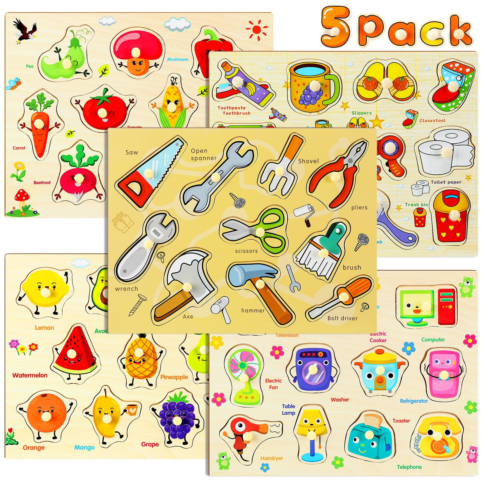 Syhood Set of 5 EC36 Toddler Puzzles Wooden Peg Puzzles for Toddlers