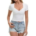 thumbnail image 1 of Syhzlz Women Short Sleeve Crop Tops, Sexy Slim Fitted Square Neck T-Shirt, Stretchy Deep U Casual Basic Tees, 1 of 7